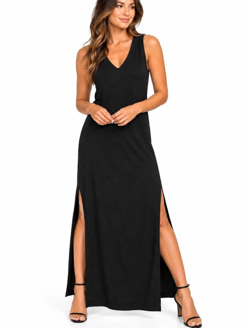 PAIGE Maxi Dress Womens M Black V Neck Sleeveless Side Slit Knit Column Long